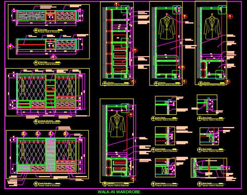 Luxurious Walk-In Closet CAD Drawing with Fabric & Stone Finish